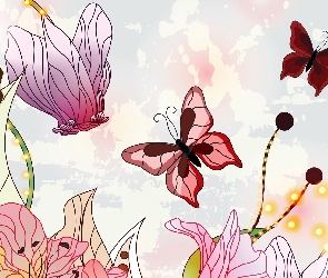Kwiaty, Motyle, Grafika, 2D