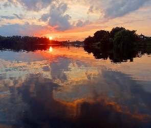 Zachód, Chmury, Odbicie, Słońca, Jezioro