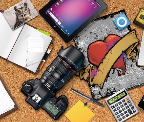 Kalkulator, Tablet, Kasety, Telefon komórkowy, Aparat fotograficzny