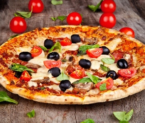 Oregano, Listki, Pizza, Stół, Oliwki, Pomidorki