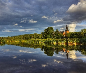 Jezioro, Odbicie, Drzewa, Kościół, Szuwary