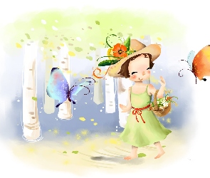 Dziewczynka, Motyle, Kosz, Drzewa, Kwiaty