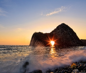 Morze, Kamienie, Promienie słońca, Fale