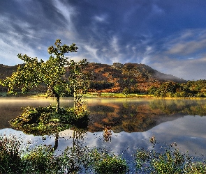 Chmury, Drzewa, Jezioro, Góry