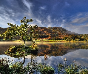 Jezioro, Chmury, Drzewa, Góry