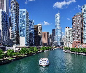 Rzeka, USA, Wieżowce, Chicago, Statek