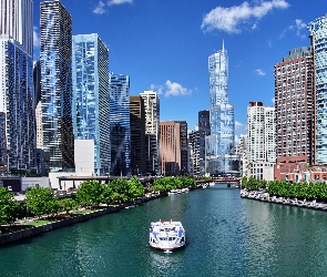Statek, USA, Chicago, Wieżowce, Rzeka
