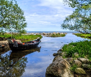 Rzeka, Pomost, Kamienie, Łódka