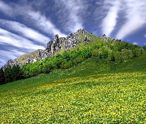 Łąka, Skały, Góra, Chmury