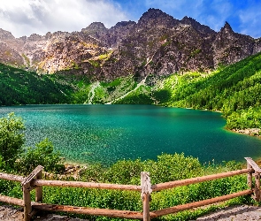 Drzewa, Jezioro Morskie oko, Dolina Rybiego Potoku, Ogrodzenie, Mięguszowickie Szczyty, Polska, Góry Tatry