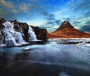 Zima, Islandia, Zamarzające, Wodospady, Góra