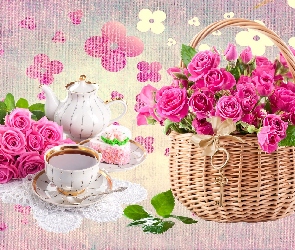Kawa, Róże, Kwiaty, Ciastko, Grafika
