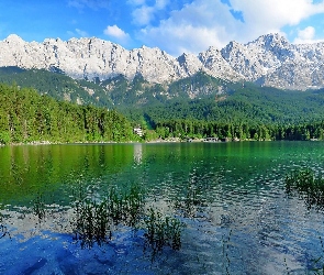Góry, Domy, Jezioro, Lasy