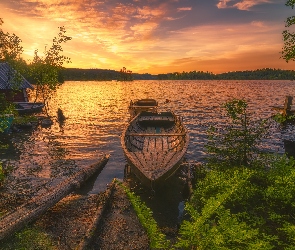 Łódka, Słońca, Zachód, Drzewa, Jezioro