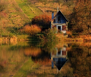 Domek, Jesień, Odbicie, Drzewa, Jezioro