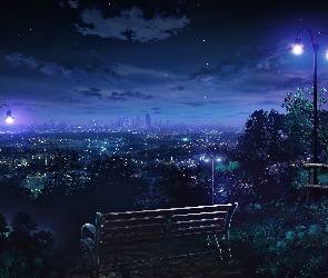 Ławka, Noc, Panorama miasta, Światła