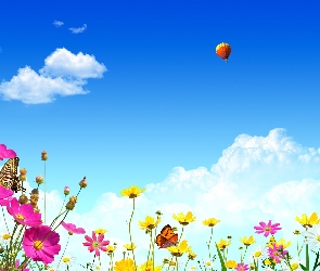 Balony, Niebo, Kolorowe, Wiosna, Motyle, Kwiatki
