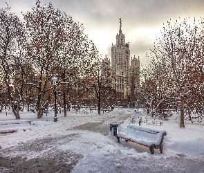 Zima, Moskwa, Śnieg, Park, Ławki, Uniwersytet