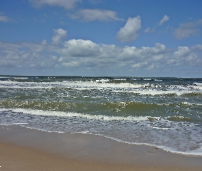 Lato, Fale, Plaża, Morze, Niebo, Chmury