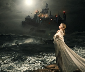 Zamek, Noc, Kobieta, Morze