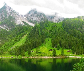 Budynki, Drzewa, Góry, Jezioro