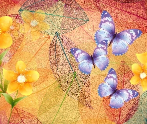 Grafika, Liście, Kwiaty, Motyle