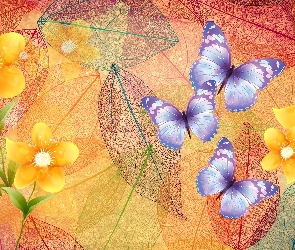 Liście, Kwiaty, Grafika, Motyle