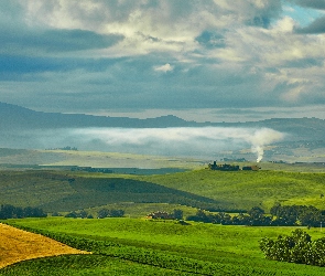 Łąki, Pola, Dym, Góry, Drzewa, Farmy