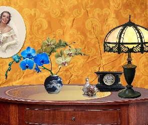 Storczyki, Lampa, Portret, Grafika, Stół, Dekoracje