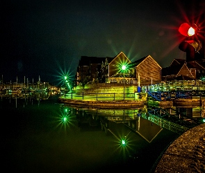 Woda, Mostki, Budynki, Port, Lampa, Blask