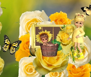 żółte, Grafika, Laleczki, Motyle, Róże