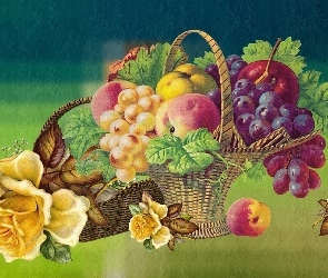 Vintage, Winogrona, Grafika, Owoce, Kwiaty, Kosz, Róże, Brzoskwinie
