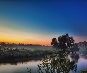 Rzeka, Zachód Słońca, Mgła