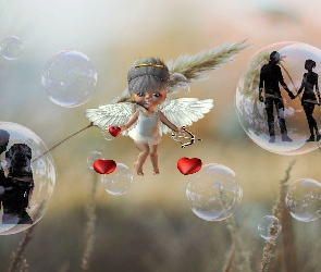 Miłość, Zakochani, Laleczka, Grafika 2D, Bańki, Amor, Serca