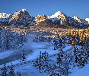 Pociąg, Góry, Zima, Rzeka, Góry Skaliste, Kanada, Park Narodowy Banff, Lasy