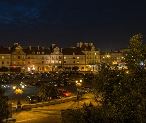Drzewa, Budynki, Plac Zamkowy, Lublin, Noc, Samochody