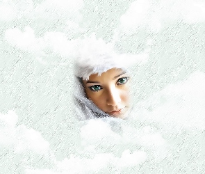 Zielone oczy, Grafika, Chmury, Spojrzenie, Kobieta