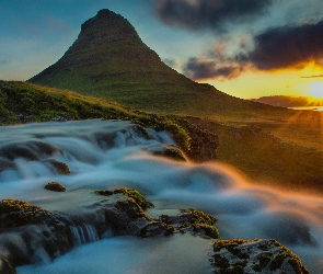 Wodospad, Islandia, Wschód Słońca, Góra
