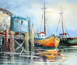 Morze, Portowe, Olejny, Kutry, Nabrzeże, Obraz, Marynistyka