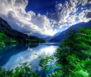 Jezioro, Niebieskie, Wycieczkowy, Góry, Lasy, Statek, Drzewa