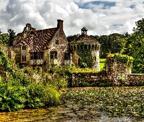 Hrabstwo Kent, Wieś Lamberhusrt, Scotney Castle, Anglia, Drzewa, Dworek, Staw