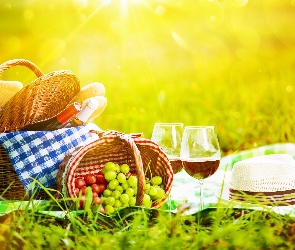 Słońce, Lato, Wino, Kapelusze, Winogrona, Piknik, Koszyki