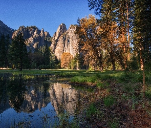 Góry, Odbicie, Drzewa, Jezioro