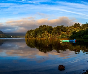 Irlandia, Mayo, Łódka, Jezioro, Lasy, Góry