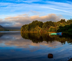 Jezioro, Łódka, Irlandia, Góry, Mayo, Lasy