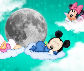 Chmury, Sen, Mickey, Grafika, Dla dzieci, Minnie, Księżyc, Niebo, Daisy