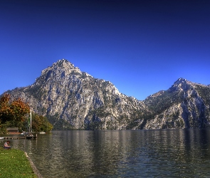 Jezioro, Góry, Łódź, Drzewa, Domki, Kobieta, Austria