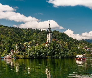 Góry, Łódki, Słowenia, Jezioro Bled, Kościół, Domy