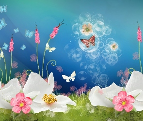 Kwiaty, Motyle, Grafika