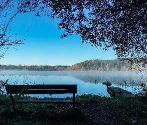 Drzewa, Mgła, Słońca, Zachód, Jezioro, Ławka